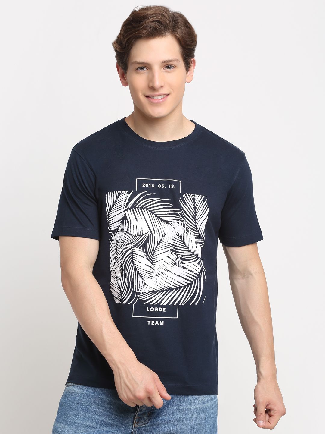 Printed Pattern, Men Combed Cotton Navy Blue T-Shirt