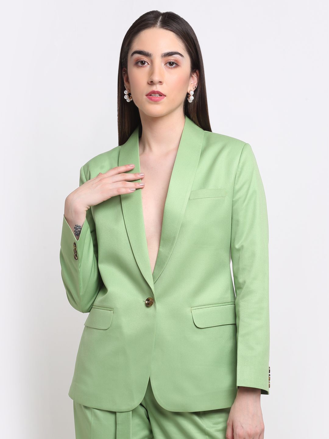 Women Viscose Lycra Solid Green Blazer