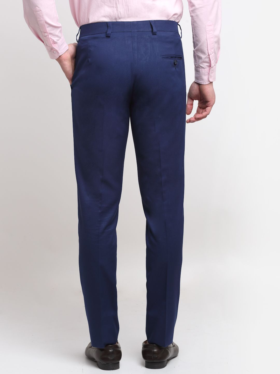 Men midnight blue solid, slim fit minimalistic formal trousers