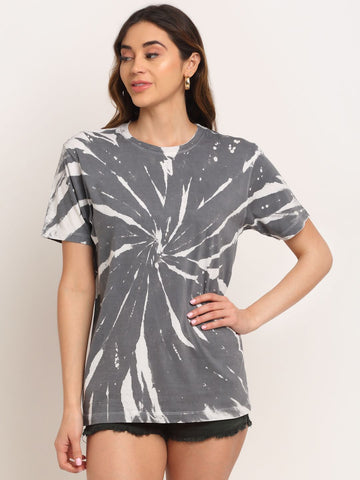 Spiral Pattern, Women Combed Cotton Tie & Dye Grey T-Shirt