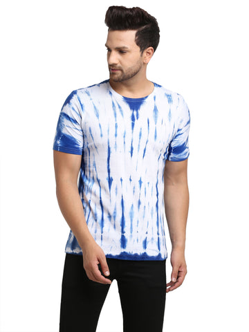 Linear Pattern, Men Combed Cotton Tie & Dye Blue T-Shirt