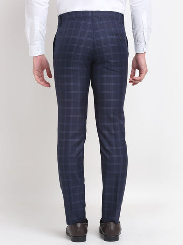 Men blue charcoal slim fit checked formal trousers