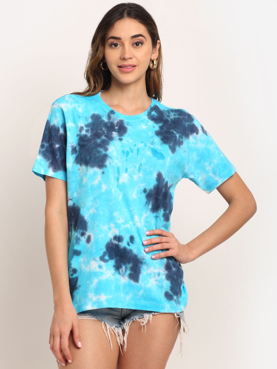 Patchy Pattern, Women Combed Cotton Tie dye blue T-Shirt