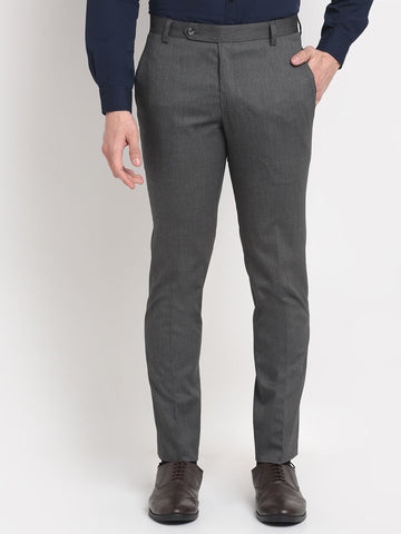 Men grey melange slim fit minimalistic formal trousers