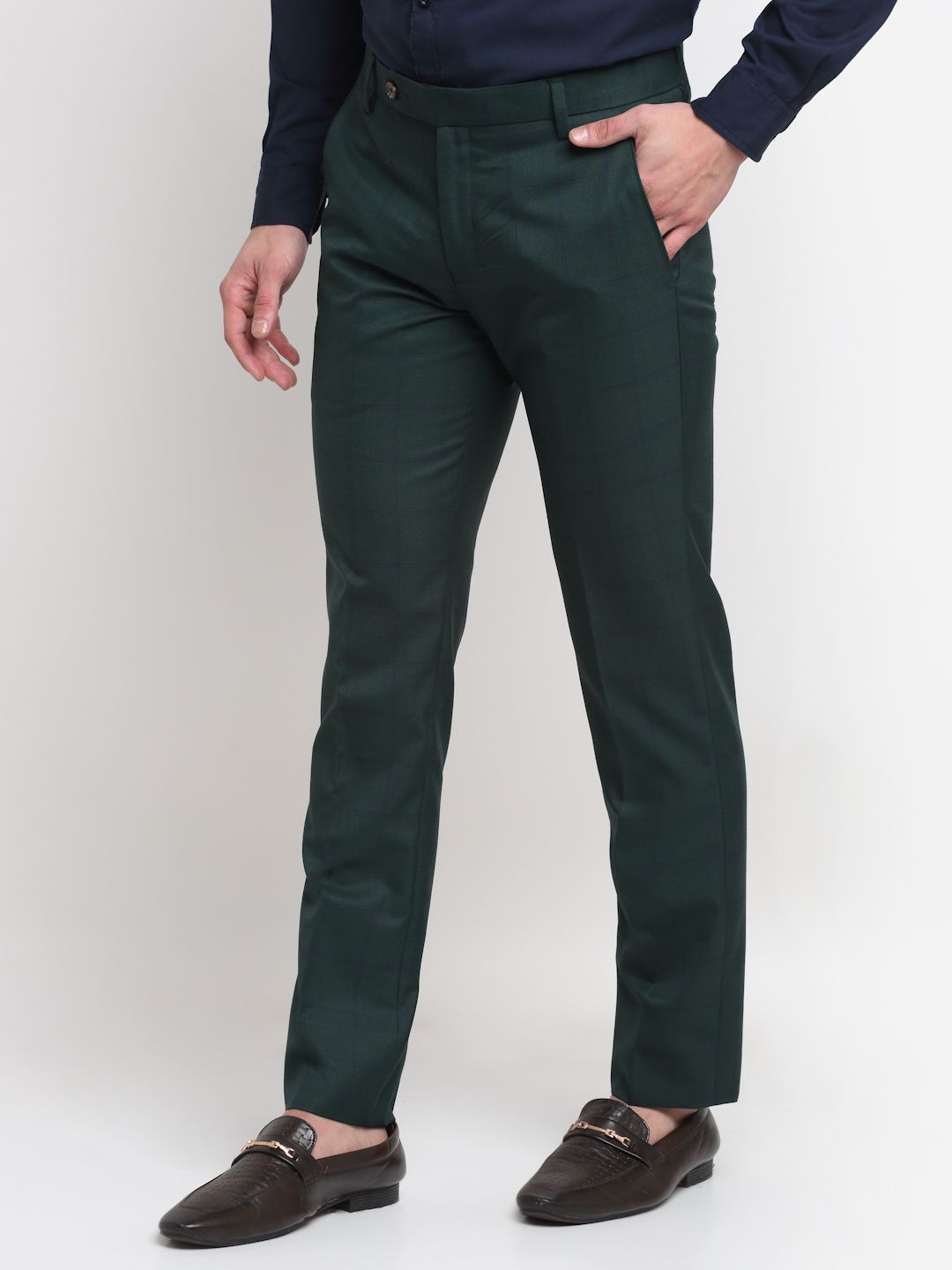 Men green check, slim fit minimalistic formal trousers
