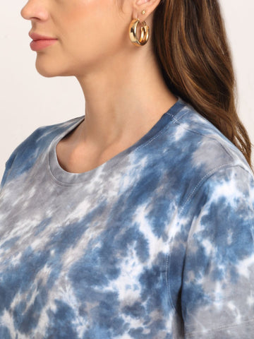Abstract Pattern, Women Combed Cotton Tie & Dye Blue T-Shirt