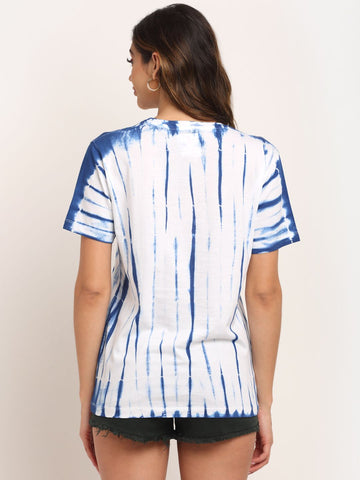 Linear Pattern, Women Combed Cotton Tie & Dye Blue T-Shirt