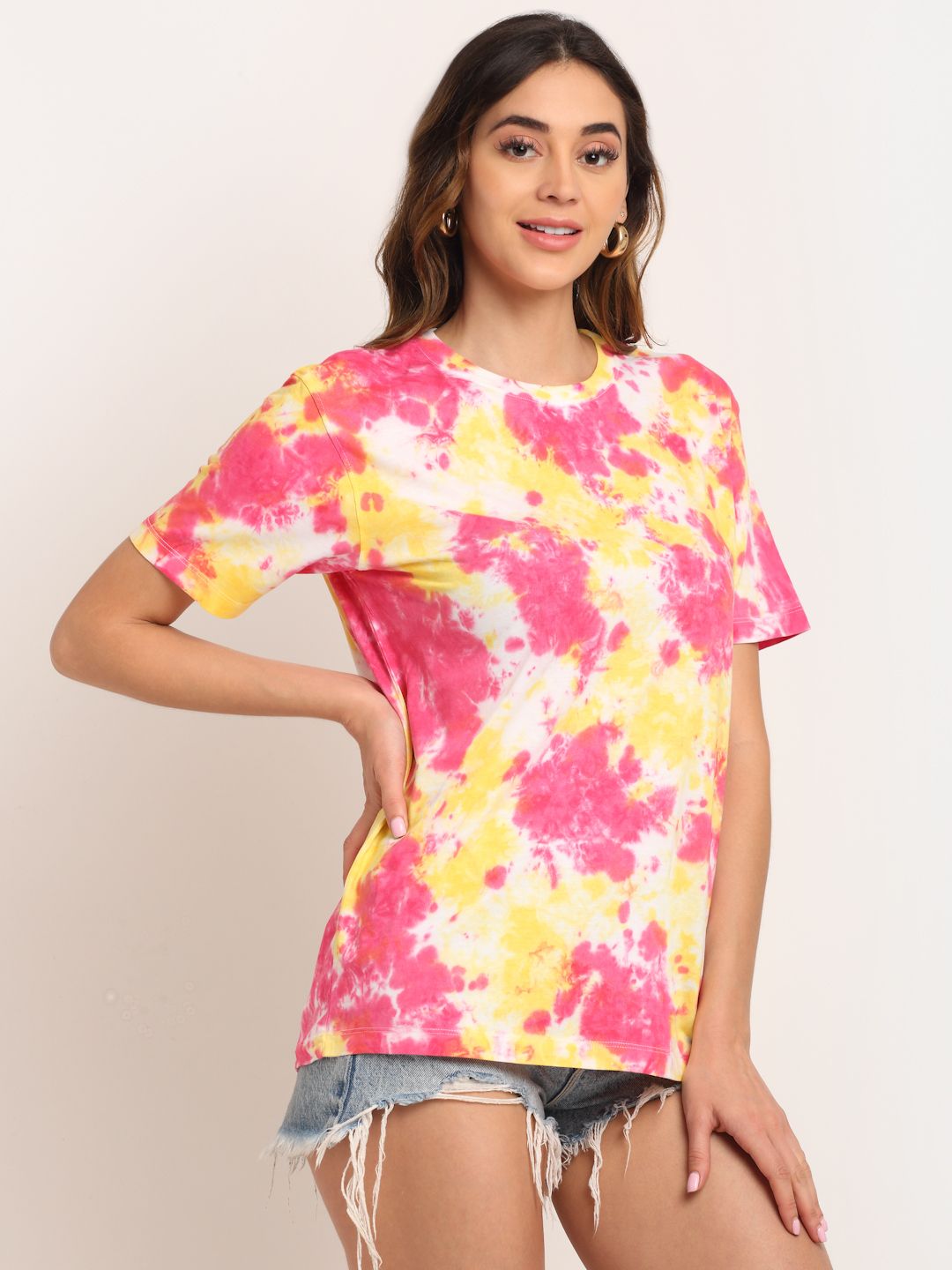 Patch Pattern, Women Combed Cotton Tie & Dye Multicoloured T-Shirt