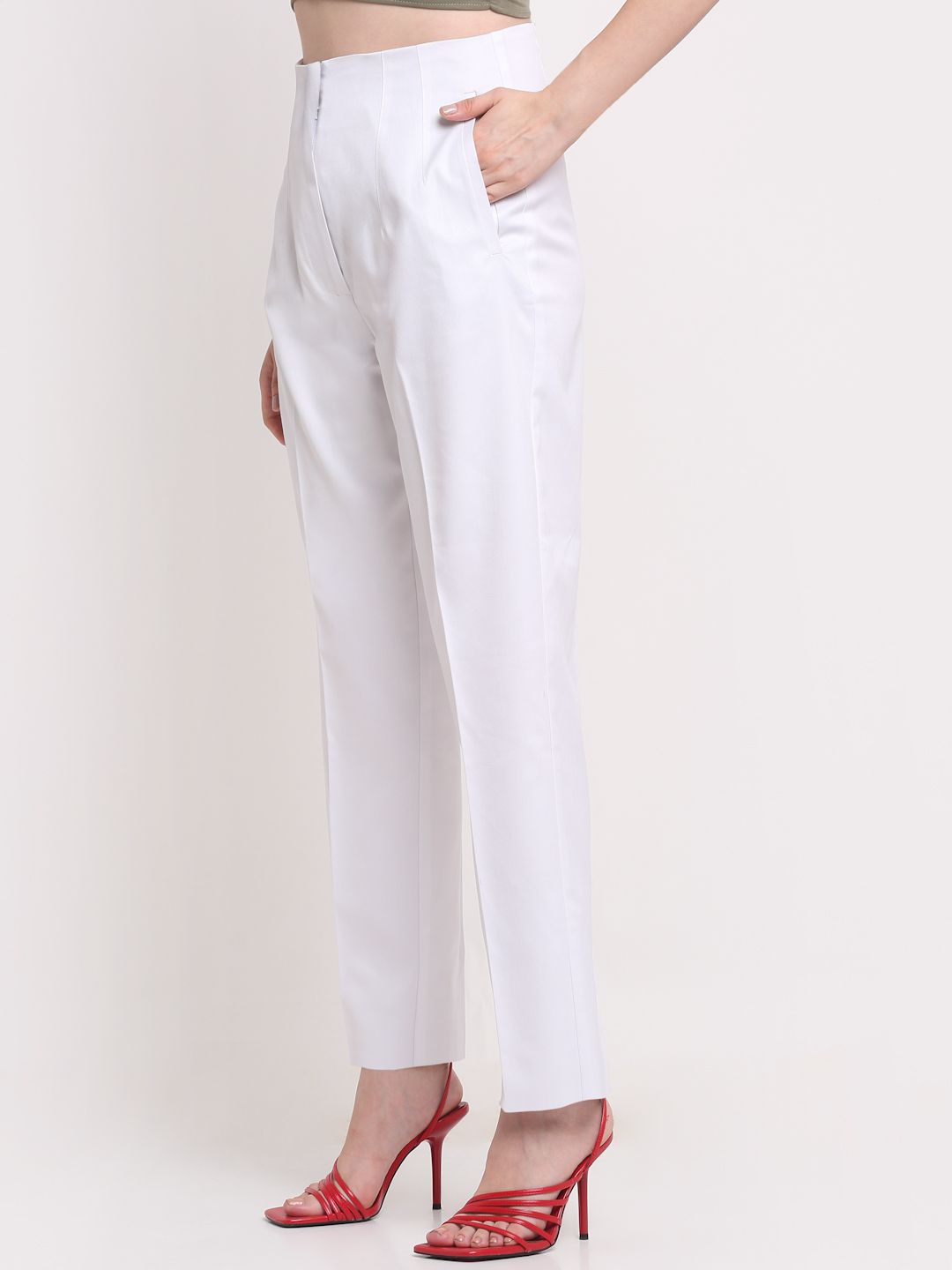 Women Viscose Lycra Solid White trousers