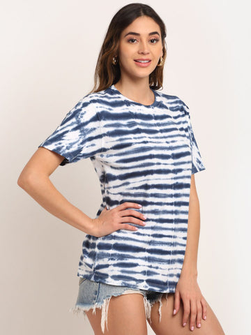 Horizontal Pattern, Women Combed Cotton Tie dye blue T-Shirt