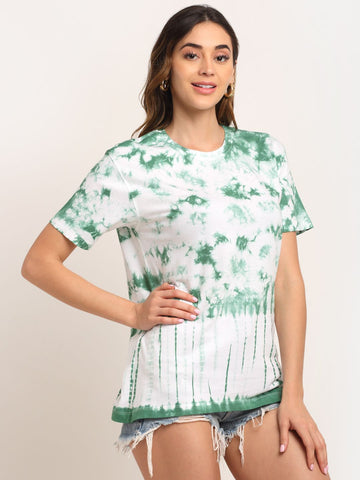 Abstract Pattern, Women Combed Cotton Tie & Dye Green T-Shirt