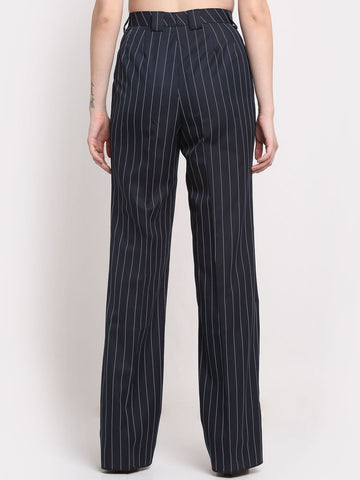 Women Striped Viscose Lycra Black trousers