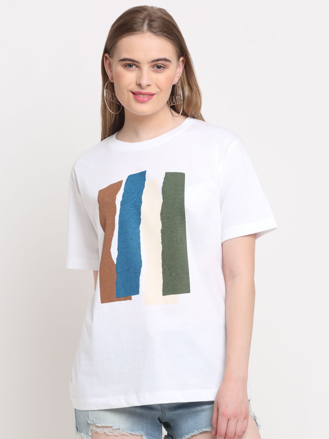 Printed Pattern, Women Combed Cotton White T-Shirt