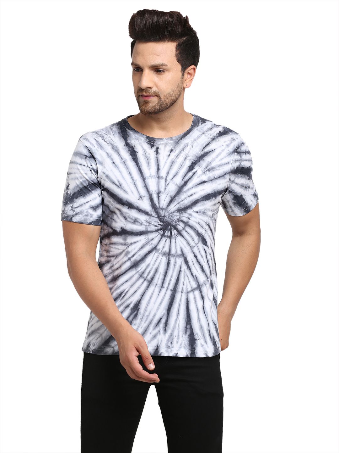 Spiral Pattern, Men Combed Cotton Tie & Dye Grey T-Shirt