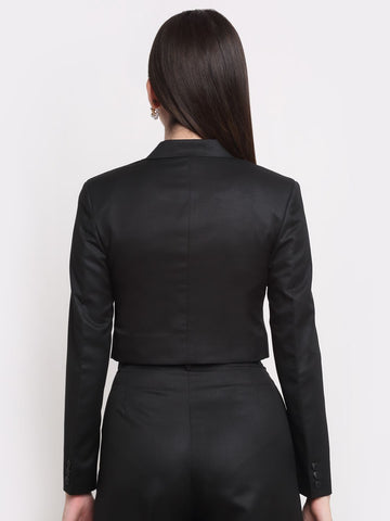 Women Viscose Lycra Solid Black Blazer