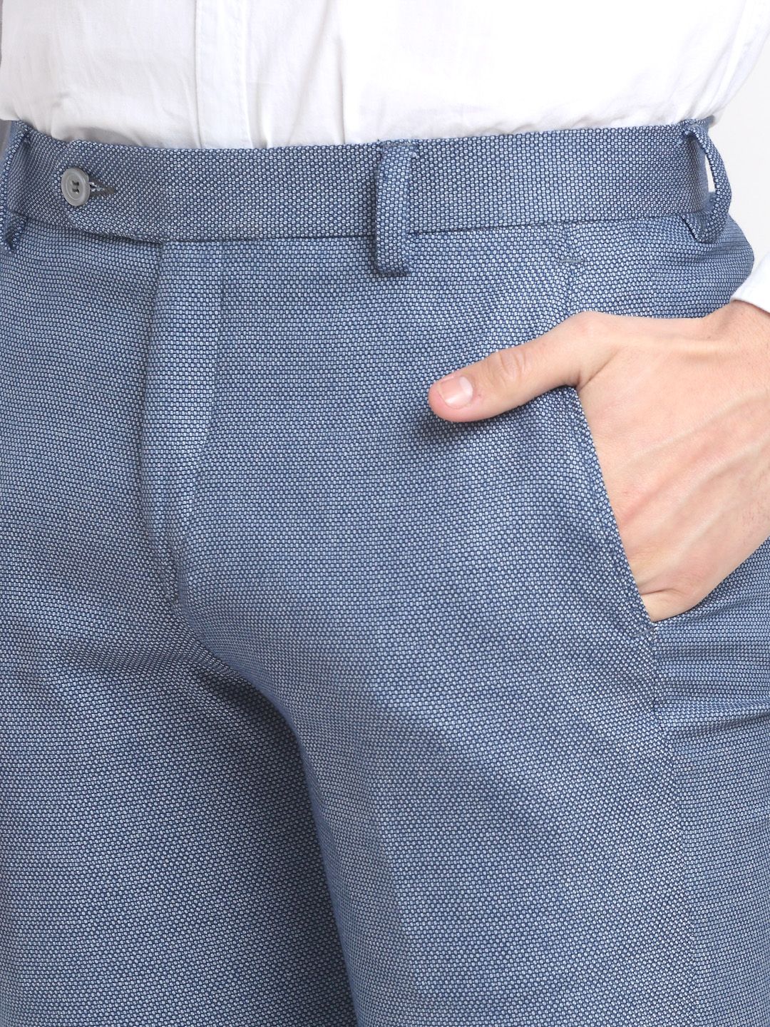 Men blue bird-eye, slim fit minimalistic formal trousers