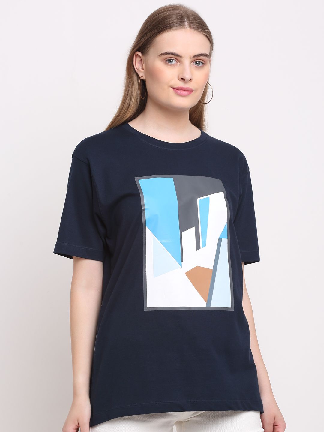 Printed Pattern, Women Combed Cotton Navy blue T-Shirt