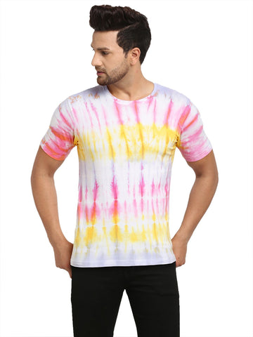 Linear Pattern, Men Combed Cotton Tie & Dye Multicoloured T-Shirt