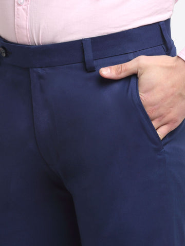 Men midnight blue solid, slim fit minimalistic formal trousers