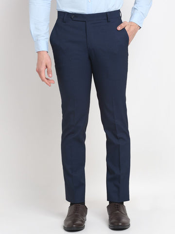 Men blue textured slim fit minimalistic formal trousers