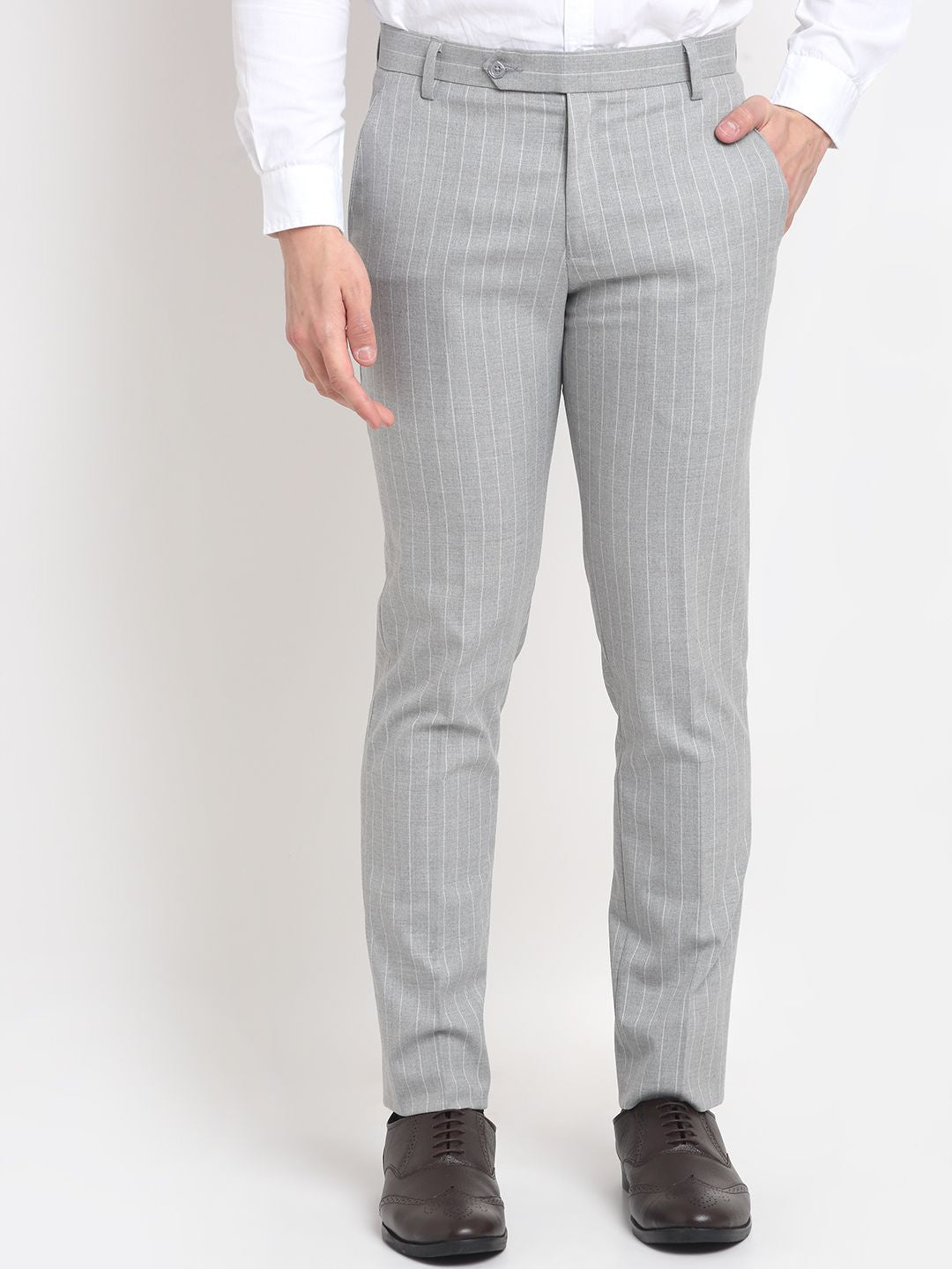 Men Light grey Striped slim fit checked formal trousers