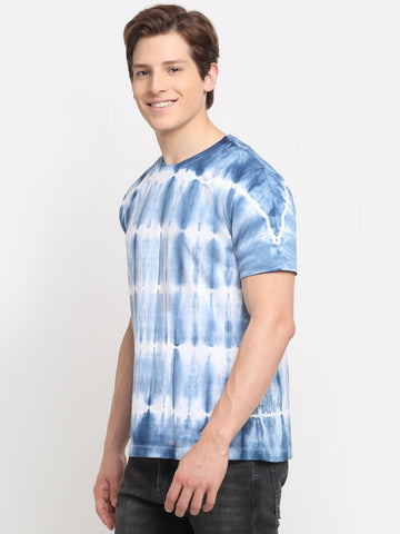 Check Pattern, Men Combed Cotton Tie & Dye Blue T-Shirt