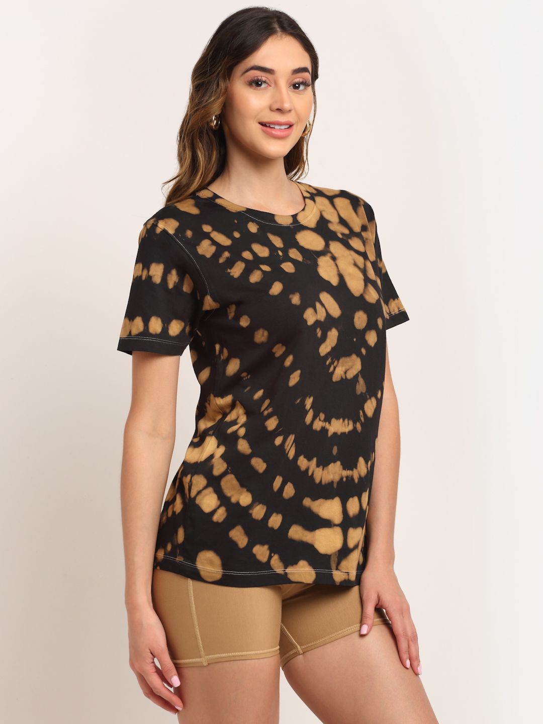 Abstract Pattern, Women Combed Cotton Tie & Dye Black T-Shirt