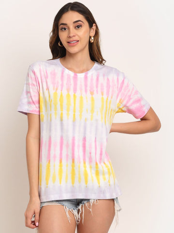 Linear Pattern, Women Combed Cotton Tie dye multicoloured T-Shirt