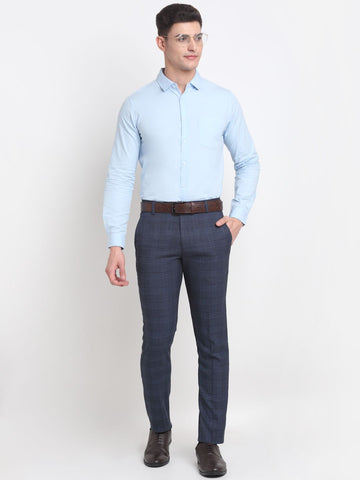 Men blue check, slim fit checked formal trousers