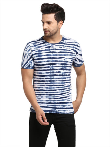 Horizontal Pattern, Men Combed Cotton Tie & Dye Blue T-Shirt