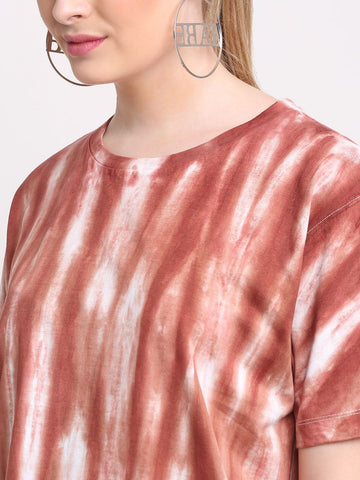 Linear Pattern, Women Combed Cotton Tie dye brown T-Shirt