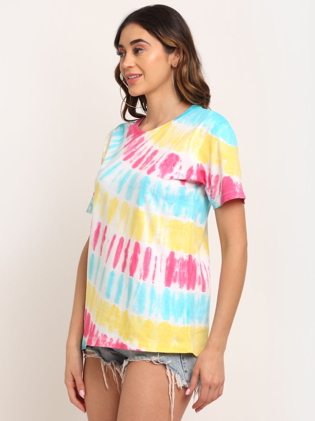 Linear Pattern, Women Combed Cotton Tie & Dye Multicoloured T-Shirt