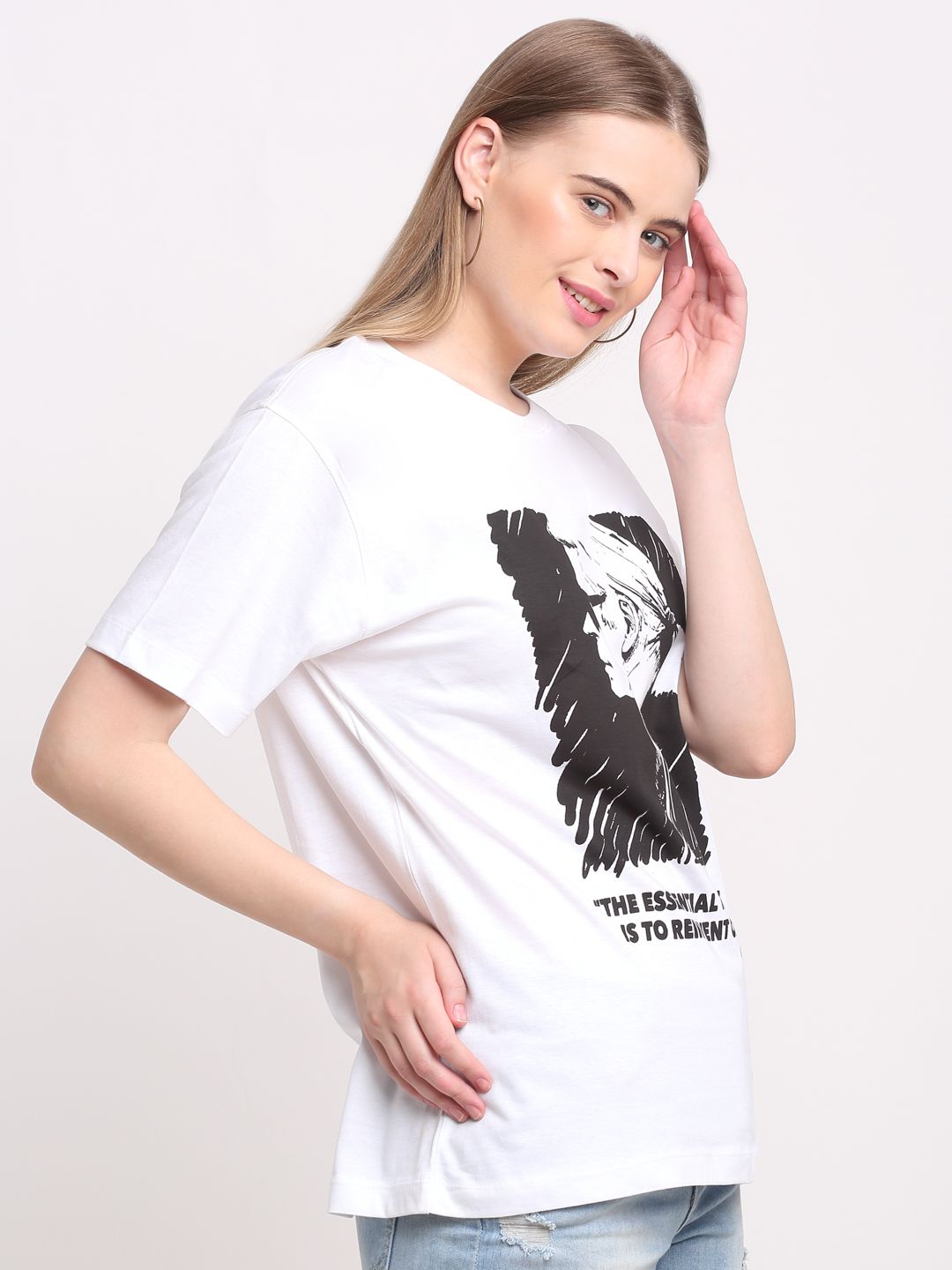Printed Pattern, Women Combed Cotton White T-Shirt