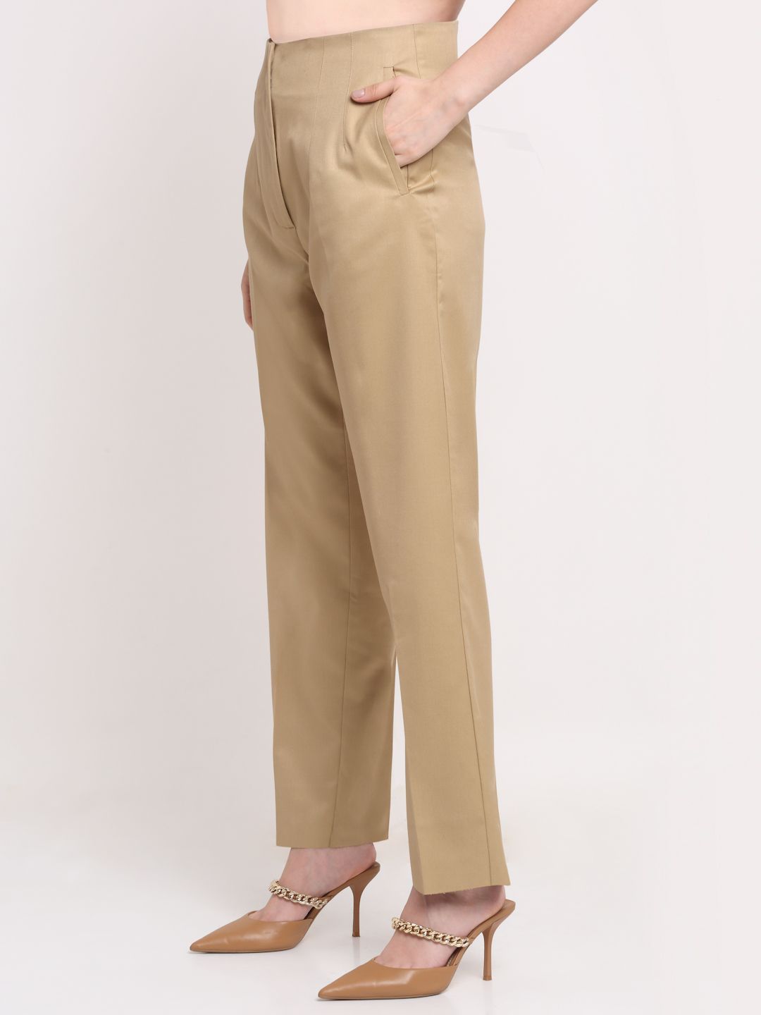 Women Viscose Lycra Solid Khaki trousers
