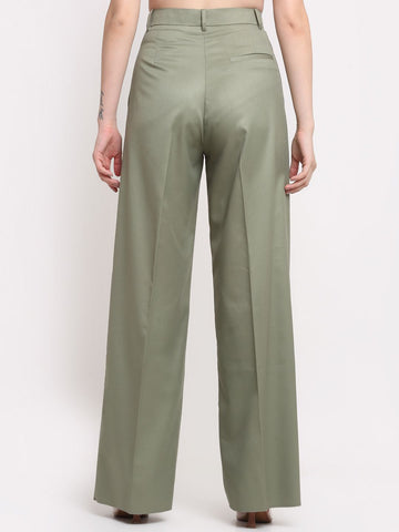 Women Viscose Lycra Parallel Single Pleated Solid Green trousers