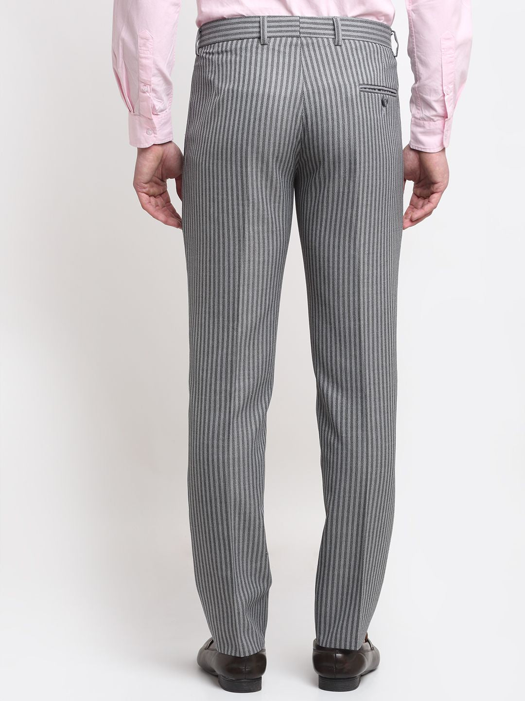 Men charcoal grey striped, slim fit stripped formal trousers